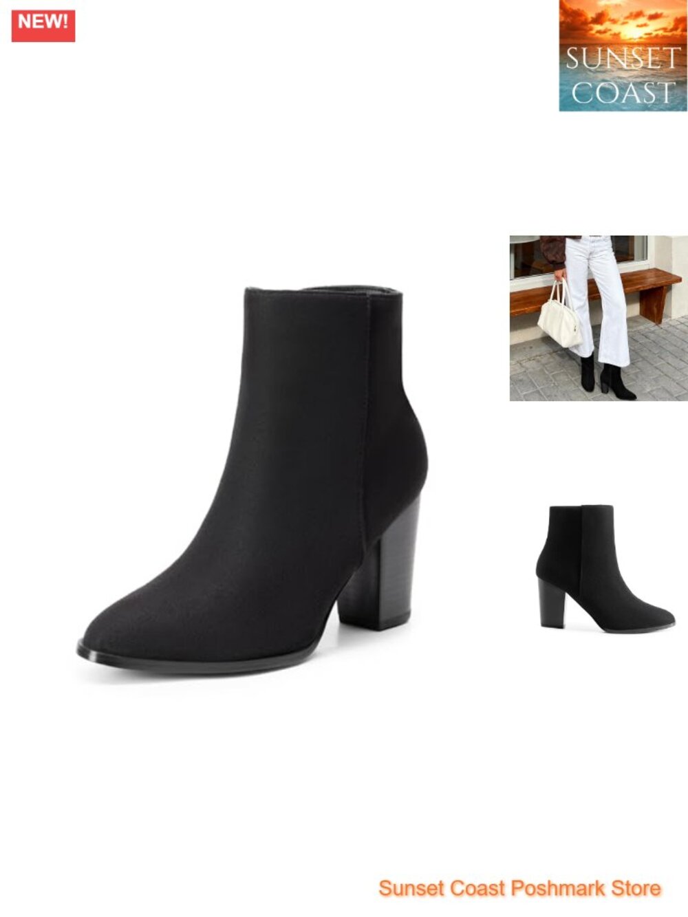 Womens Pointed Toe Ankle Booties 3 Inch Block Heel Faux Suede Zip Boots